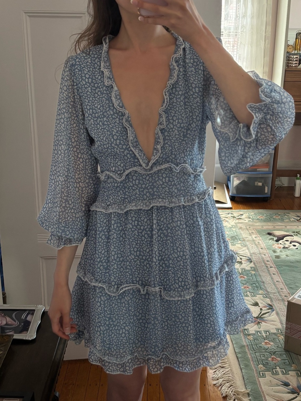 Light Blue Floral Ruffle Tiered Mini Dress